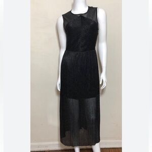 Sandro Paris black sleeveless mini pleated sheer metallic cocktail evening dress